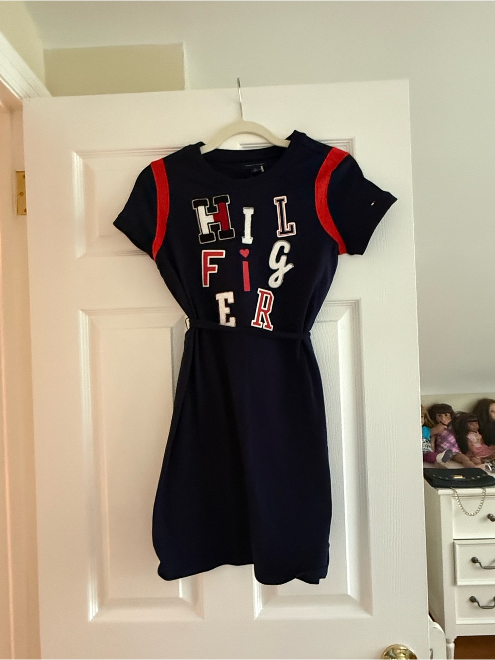 Tommy Hilfiger Navy Dress with Red Shoulder Stripes and Logo